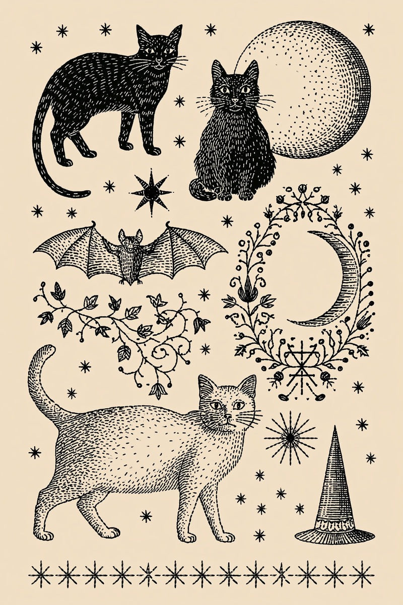 Original three cat bat moon star symbol plate design plate from Halloween & Autumn Embroidery Edition 3, a digital PDF embroidery design book.