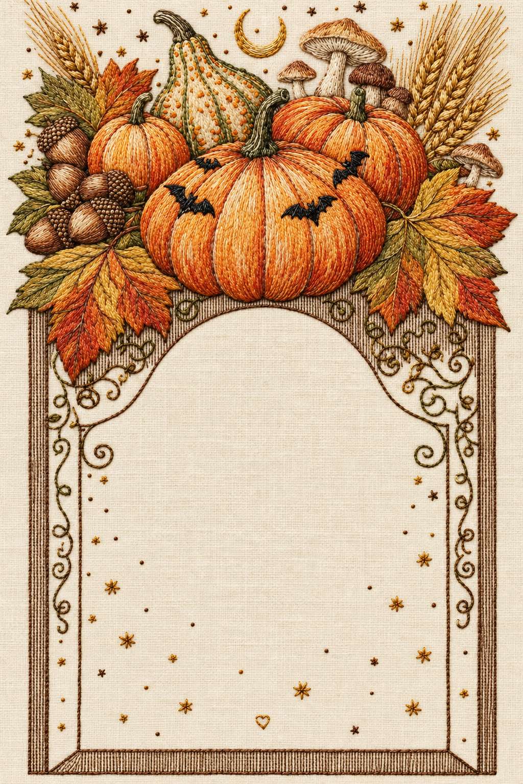 Pumpkin bat harvest arched label frame. Textile visualization from Halloween & Autumn Embroidery Edition 3, a digital PDF design book.