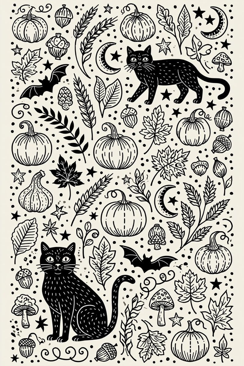 Original two cat two bat pumpkin repeat plate design plate from Halloween & Autumn Embroidery Edition 3, a digital PDF embroidery design book.