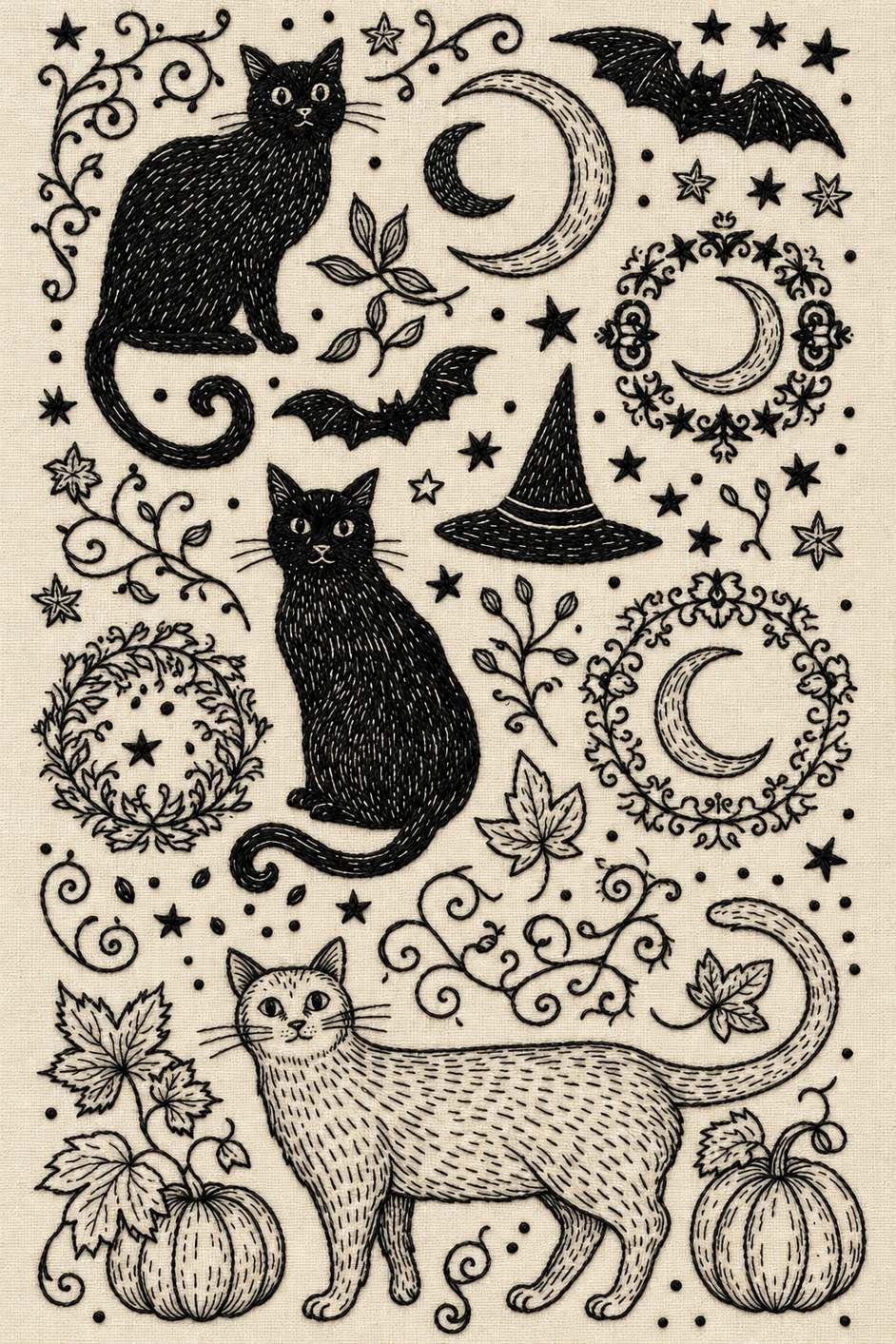 Three cat crescent wreath pumpkin symbol plate. Textile visualization from Halloween & Autumn Embroidery Edition 3, a digital PDF design book.
