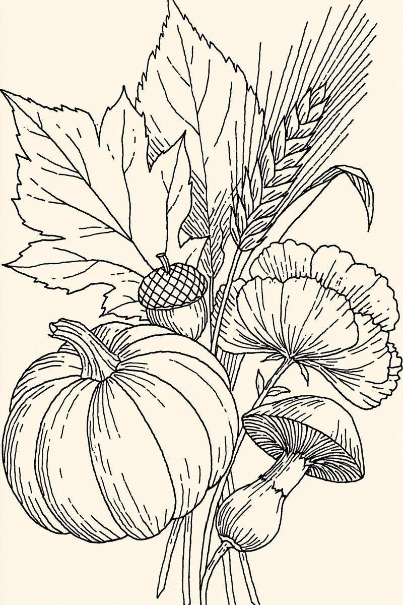Original pumpkin wheat maple acorn flower mushroom bouquet design plate from Halloween & Autumn Embroidery Edition 3, a digital PDF embroidery design book.