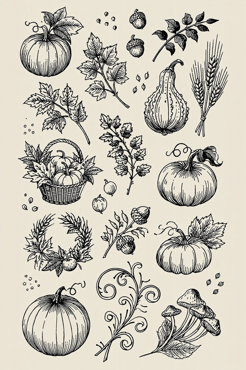 Original pumpkin gourd basket wreath harvest library design plate from Halloween & Autumn Embroidery Edition 3, a digital PDF embroidery design book.