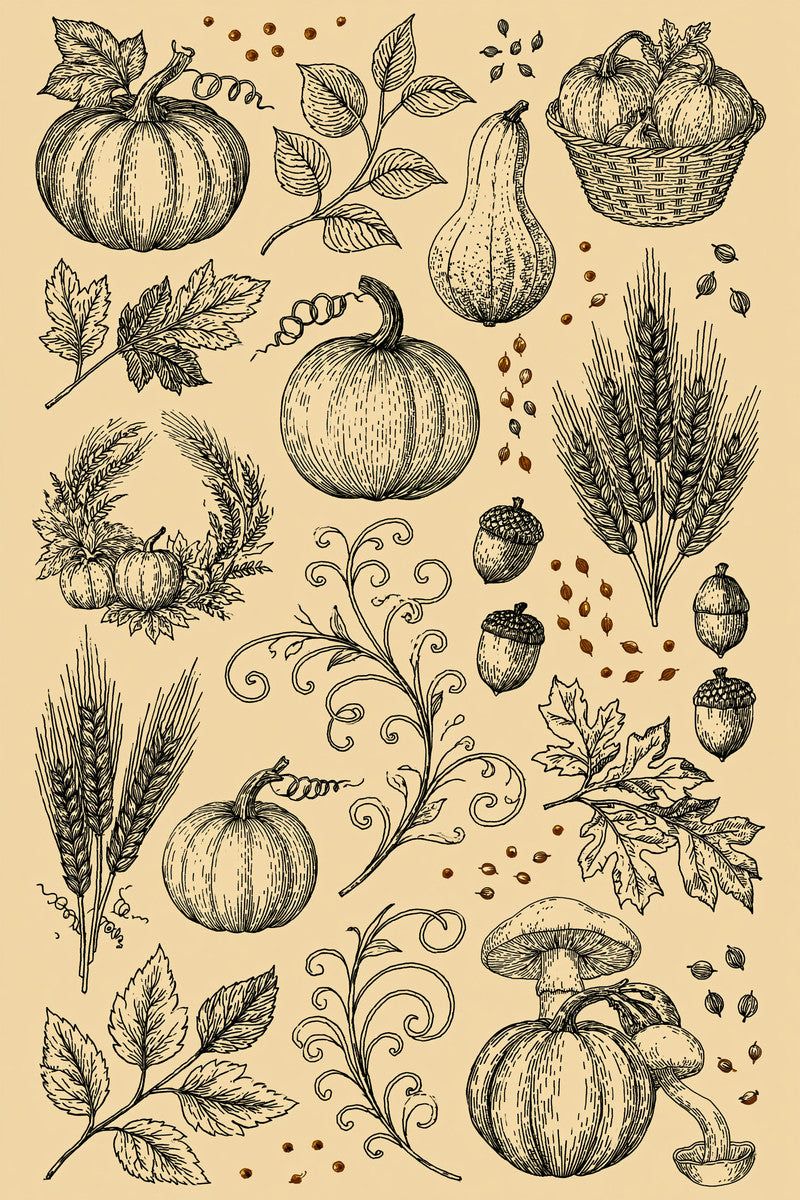 Original black ivory harvest pumpkin basket library design plate from Halloween & Autumn Embroidery Edition 3, a digital PDF embroidery design book.