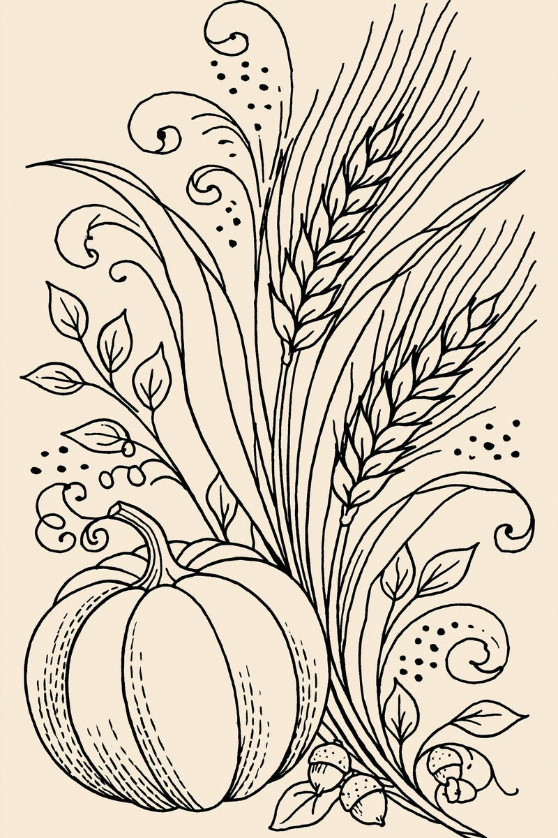 Original single pumpkin two wheat three acorn flourish design plate from Halloween & Autumn Embroidery Edition 3, a digital PDF embroidery design book.