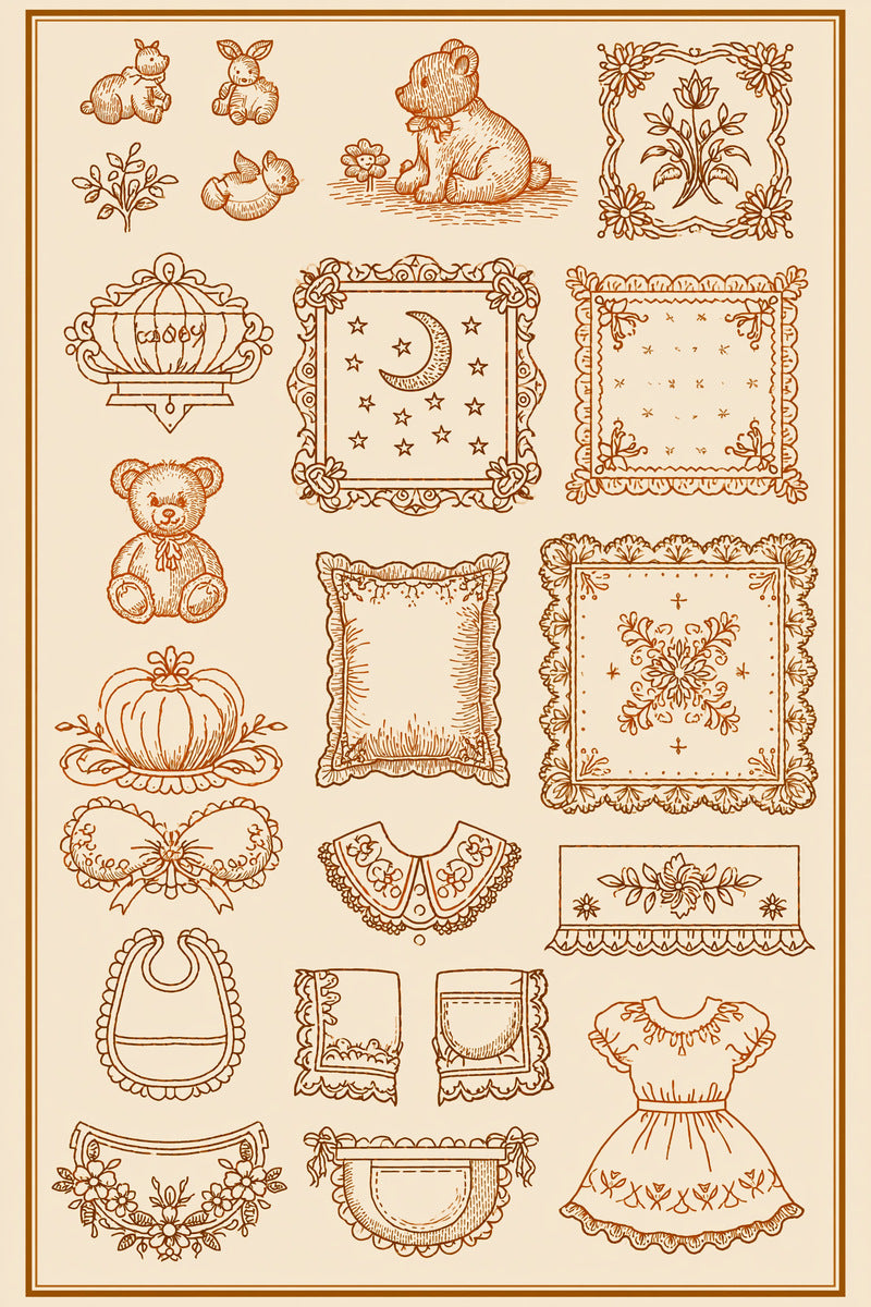 Baby And Kids Embroidery Placement from Baby & Kids Embroidery Book 1, a digital embroidery design reference for machine embroidery designs, embroidery patterns and lace and broderie details.