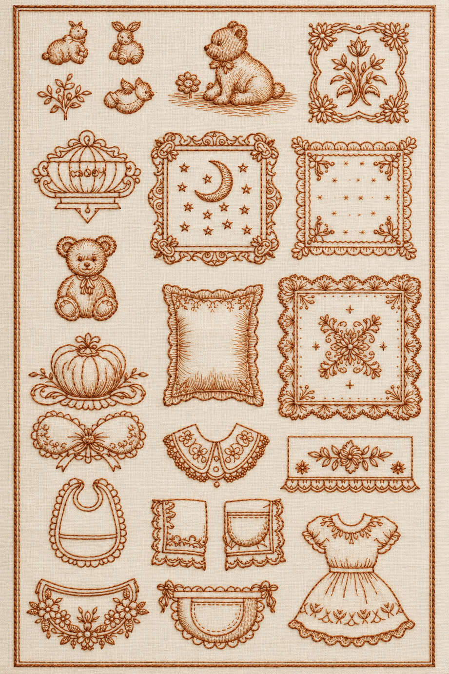 Single-colour cinnamon embroidery of nursery animals, garment accents, celestial frames and baby textile placements on ivory linen. Textile visualization from Baby & Kids Embroidery Edition 1, a digital PDF design book.