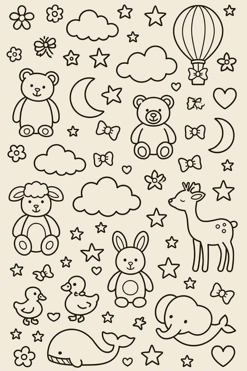 Original nursery motif system design plate from Baby & Kids Embroidery Edition 1, a digital PDF embroidery design book.