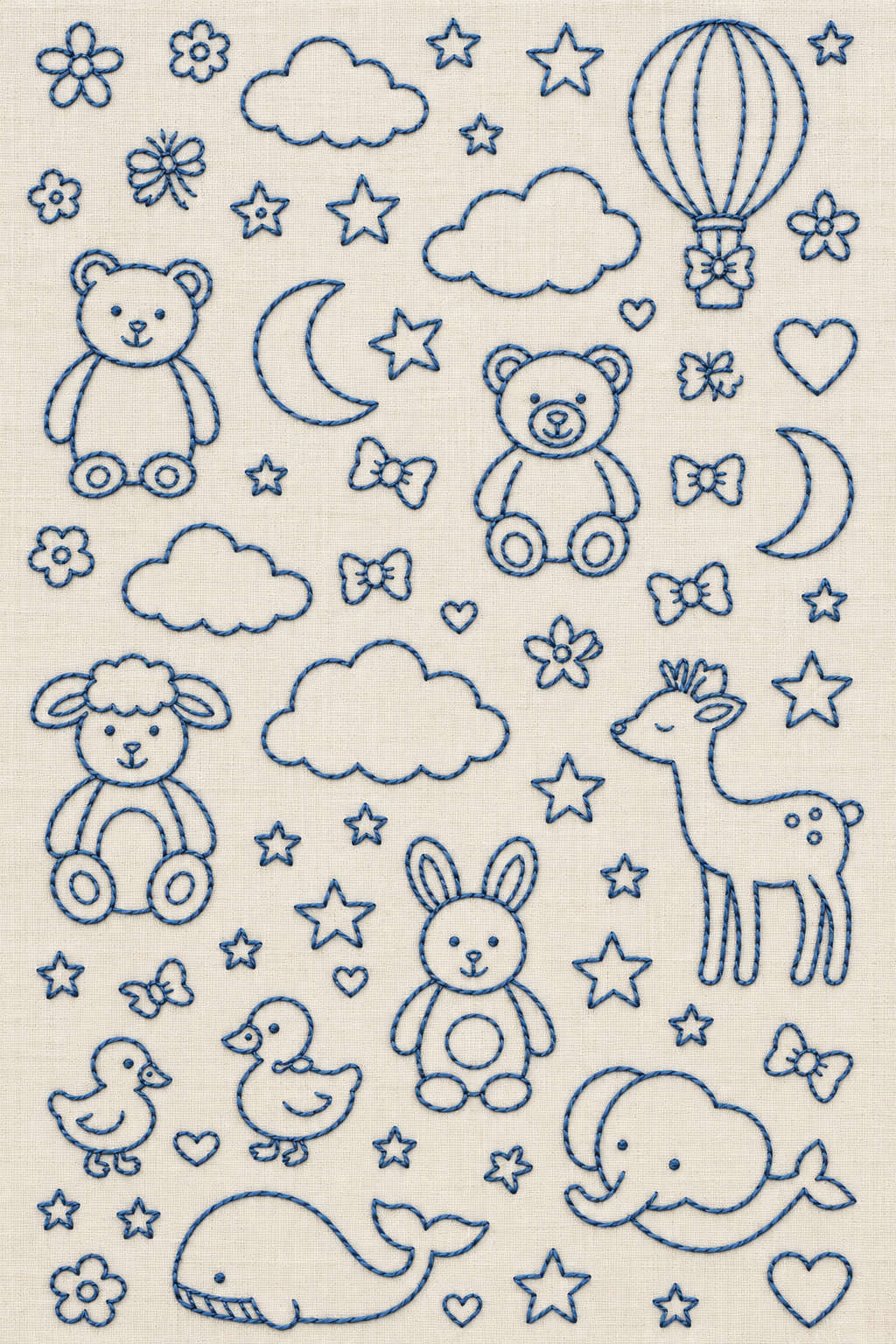 Fine blue outline embroidery of nursery animals, clouds, stars, hearts and a hot-air balloon on ivory cloth. Textile visualization from Baby & Kids Embroidery Edition 1, a digital PDF design book.