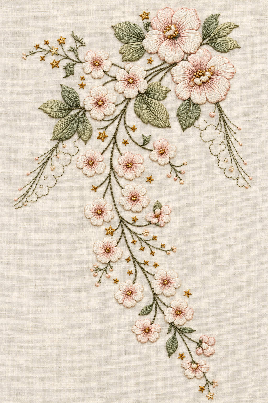 Pale blush and ivory blossoms with sage leaves and small gold stars embroidered as a cascading baby blanket corner. Textile visualization from Baby & Kids Embroidery Edition 1, a digital PDF design book.