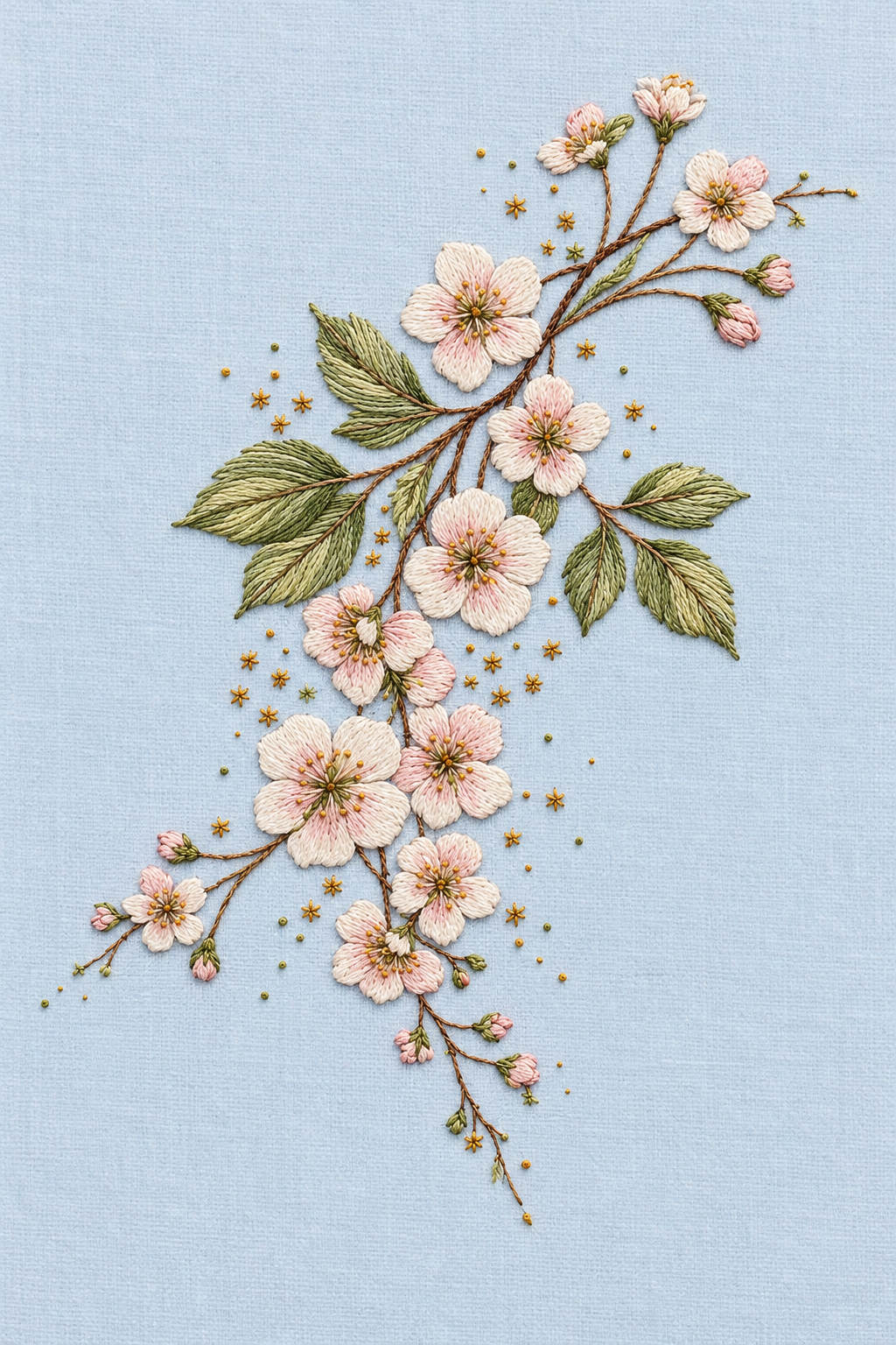 Ivory and blush floral branch with green leaves and tiny star stitches on pale blue cloth. Textile visualization from Baby & Kids Embroidery Edition 1, a digital PDF design book.