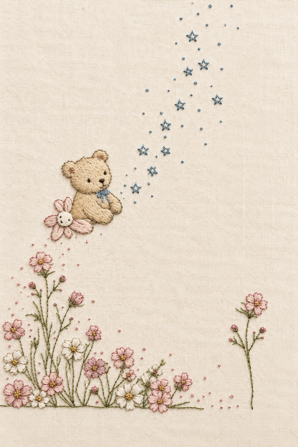Small teddy bear and star trail above a floral lower border embroidered on ivory cloth with an open central area. Textile visualization from Baby & Kids Embroidery Edition 1, a digital PDF design book.