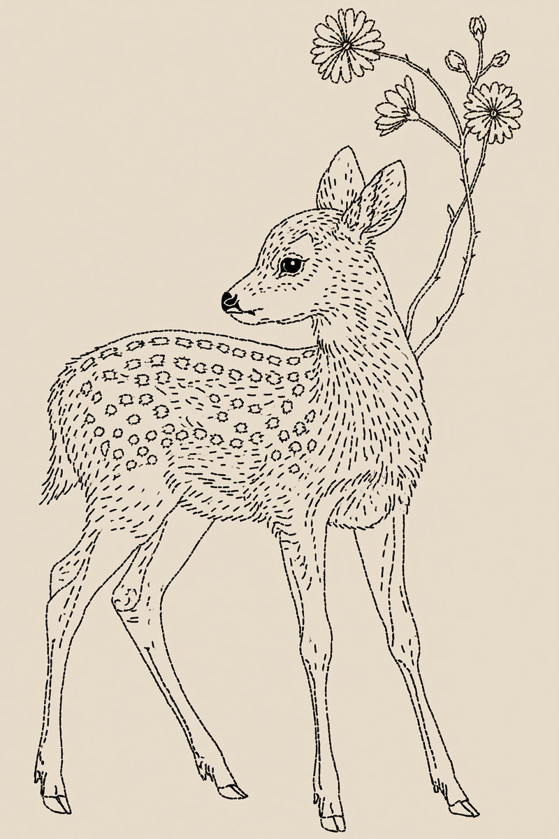 Original baby deer and daisies design plate from Baby & Kids Embroidery Edition 1, a digital PDF embroidery design book.