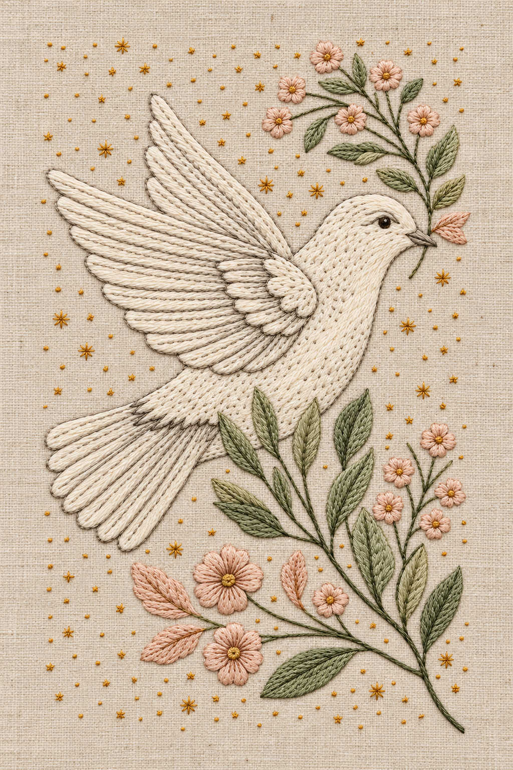 Ivory dove with spread wings holding a floral branch above leaves and blossoms, with small gold star stitches on linen. Textile visualization from Baby & Kids Embroidery Edition 1, a digital PDF design book.