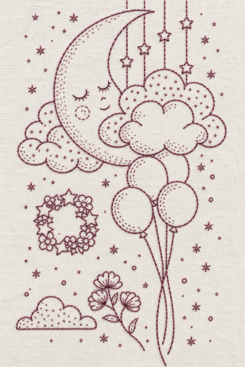 Single-colour mauve outline embroidery of a smiling moon, clouds, hanging stars, balloons and a small floral wreath. Textile visualization from Baby & Kids Embroidery Edition 1, a digital PDF design book.