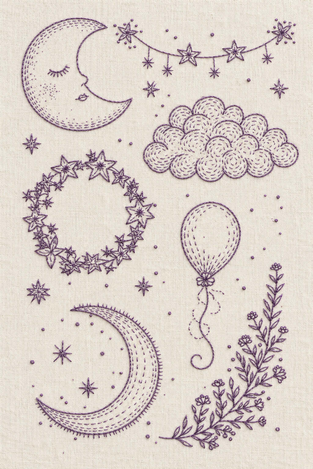 Lavender outline embroidery of two crescents, star garland, cloud, star wreath, balloon and floral corner on ivory linen. Textile visualization from Baby & Kids Embroidery Edition 1, a digital PDF design book.