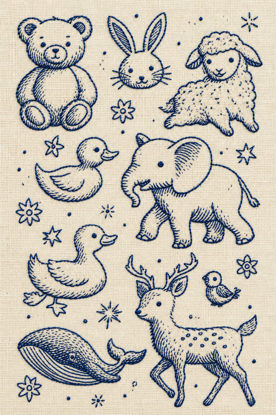 Single-colour blue animal embroidery plate featuring a teddy, rabbit, lamb, elephant, ducks, bird, whale and deer. Textile visualization from Baby & Kids Embroidery Edition 1, a digital PDF design book.