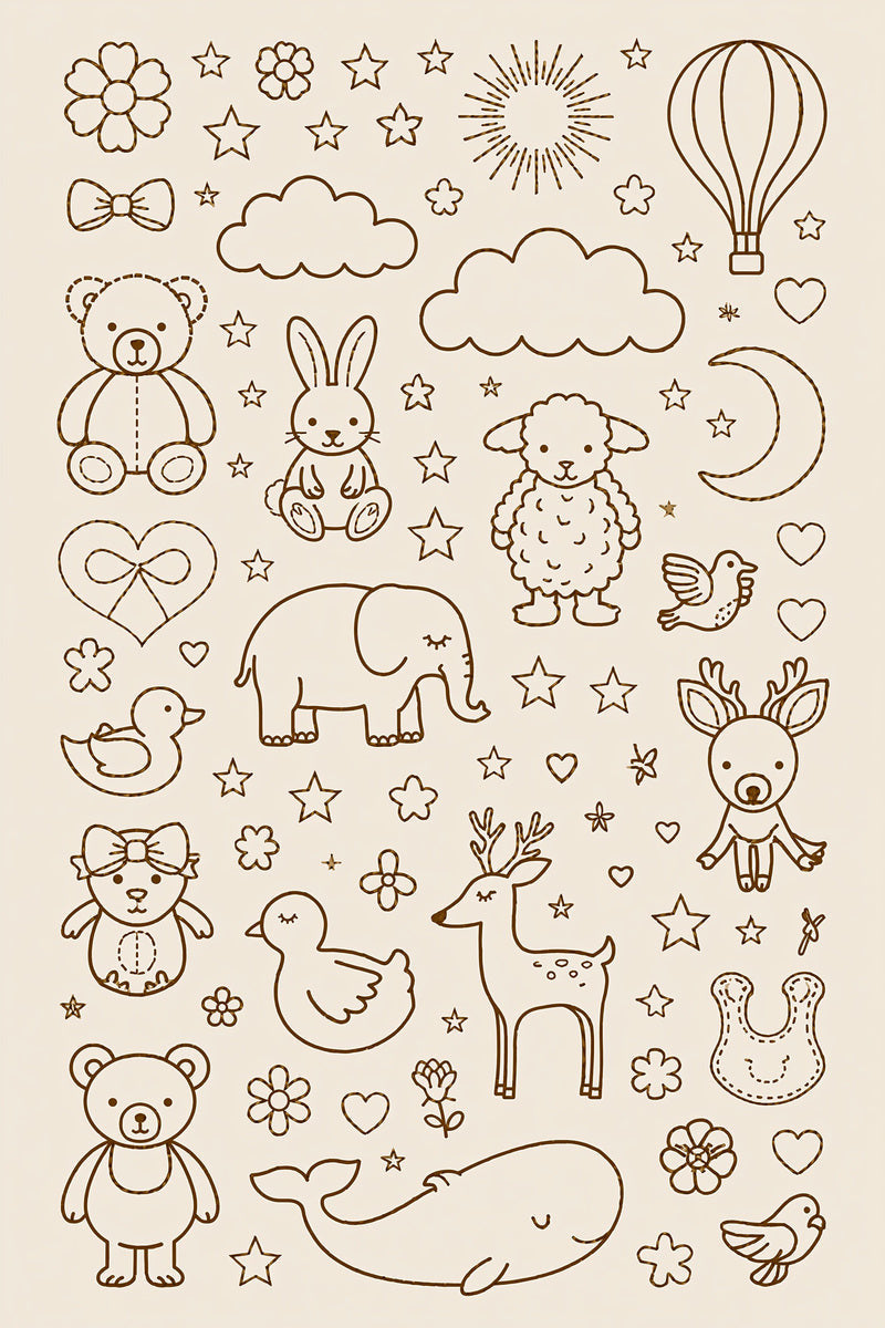 Original nursery motif system design plate from Baby & Kids Embroidery Edition 2, a digital PDF embroidery design book.