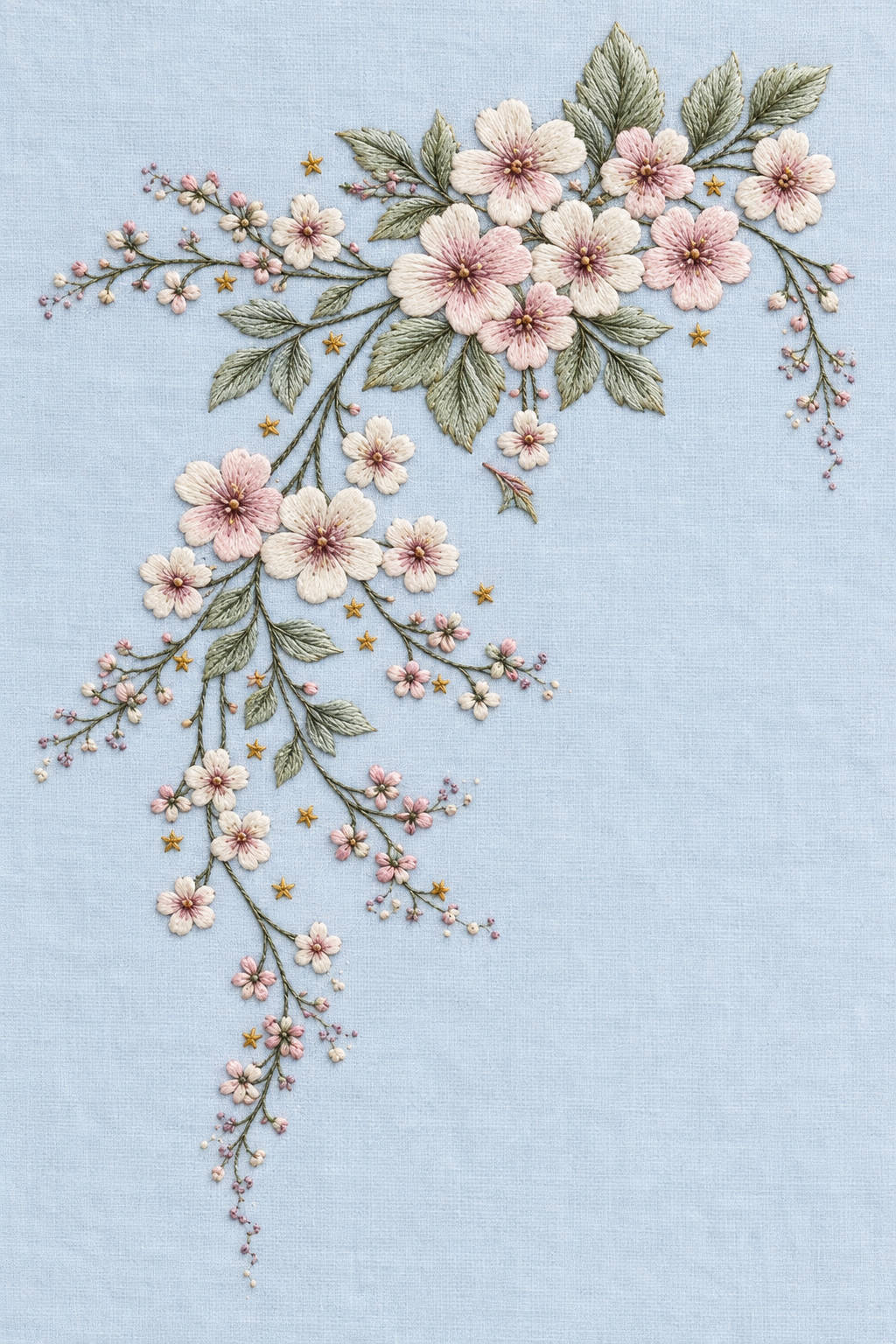 Blush and ivory floral baby blanket corner with sage leaves and small gold stars on powder blue cloth. Textile visualization from the Baby & Kids Embroidery Edition 2 digital PDF design book.