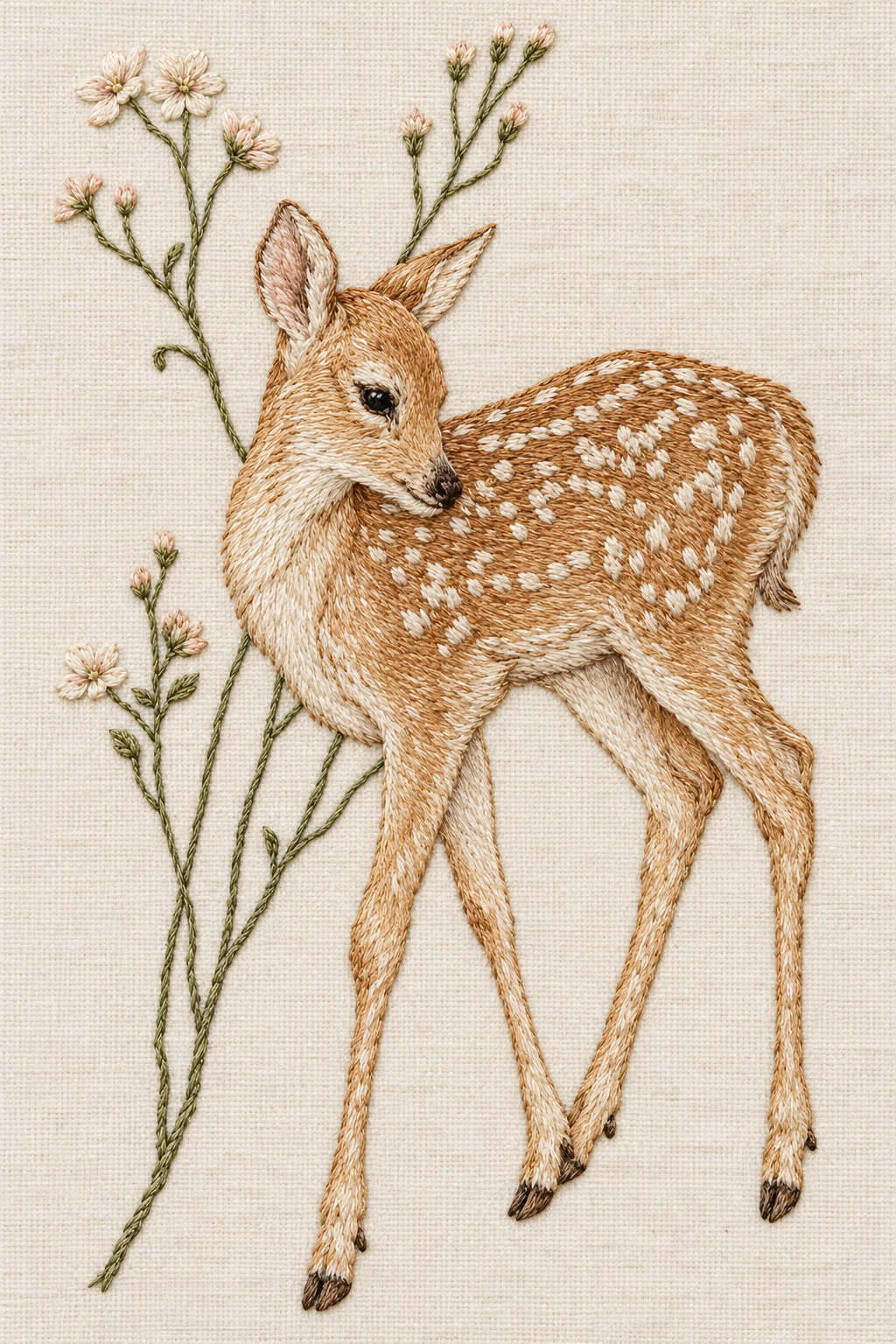 Spotted fawn looking back beside delicate wildflower branches, embroidered in honey and ivory cotton on natural linen. Textile visualization from the Baby & Kids Embroidery Edition 2 digital PDF design book.
