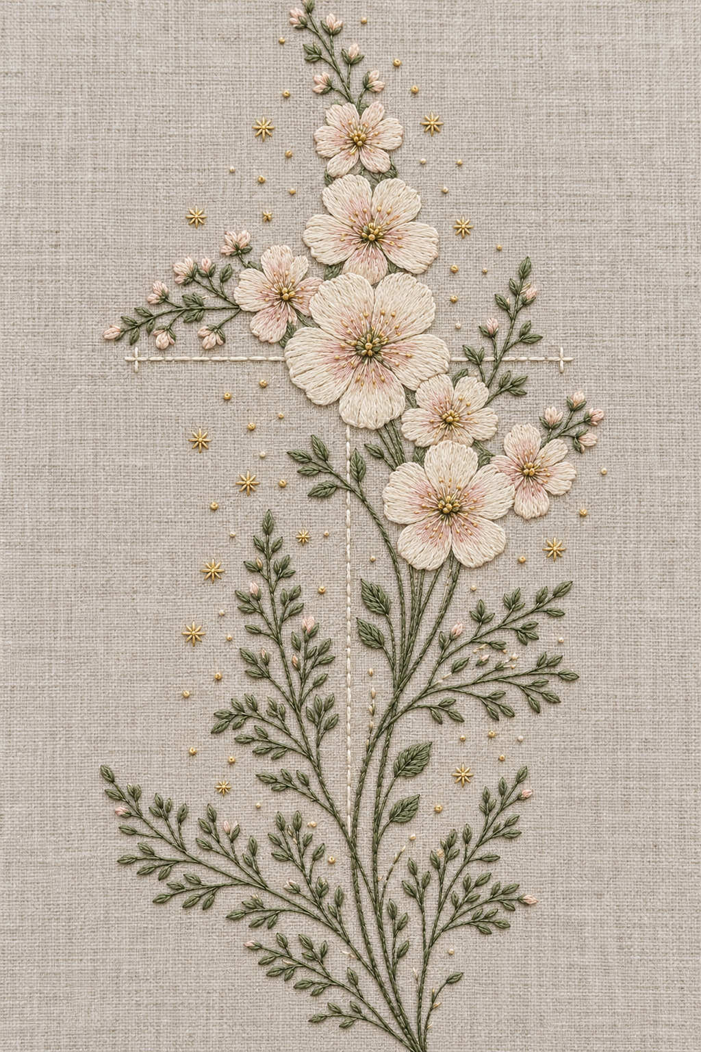 Ivory and blush flowers arranged around a slender stitched cross, with sage foliage and tiny gold accents on warm grey linen. Textile visualization from the Baby & Kids Embroidery Edition 2 digital PDF design book.