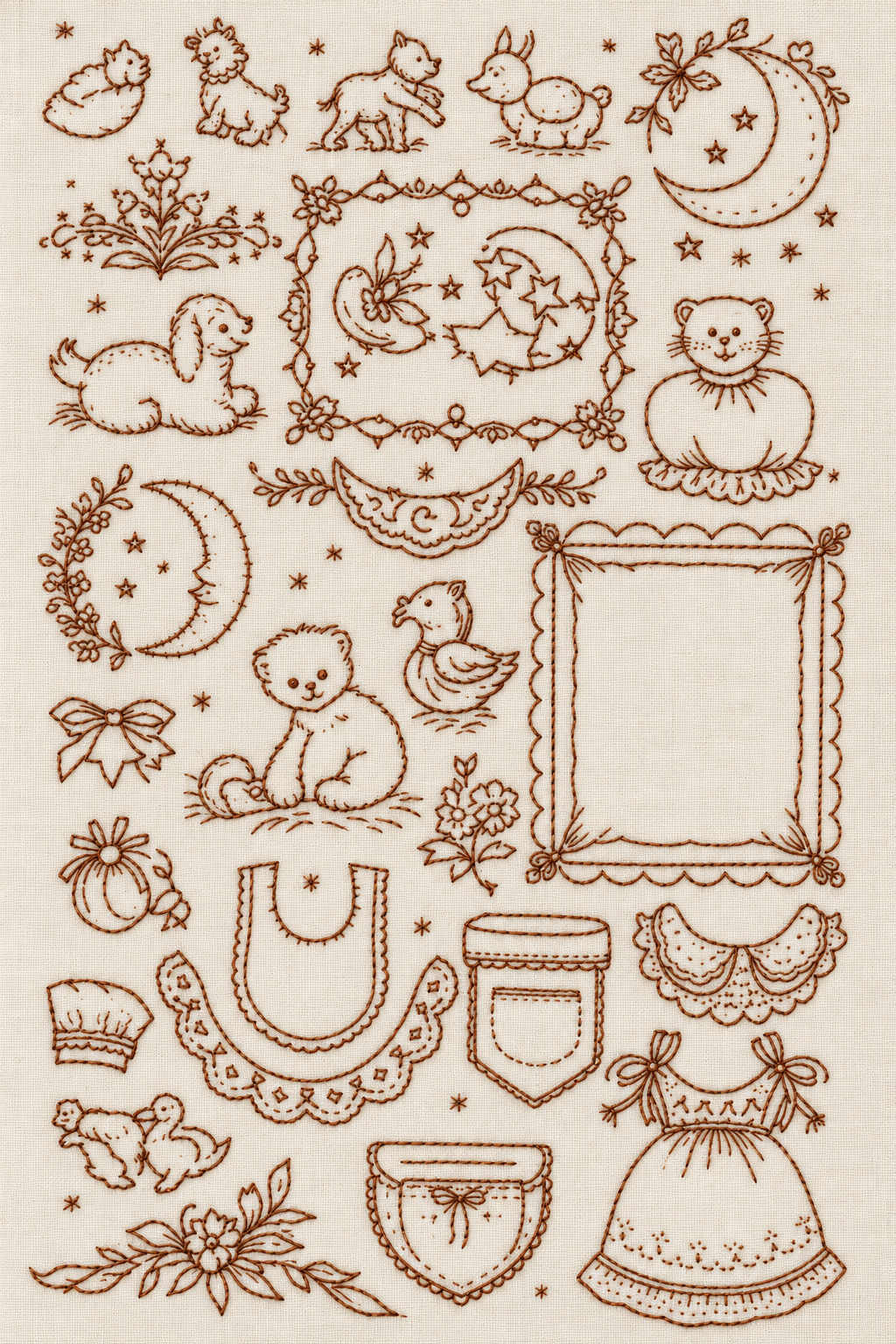 Single-colour cinnamon outline embroidery of vintage nursery animals, moons, floral frames and garment placements on ivory linen. Textile visualization from Baby & Kids Embroidery Edition 3, a digital PDF design book.