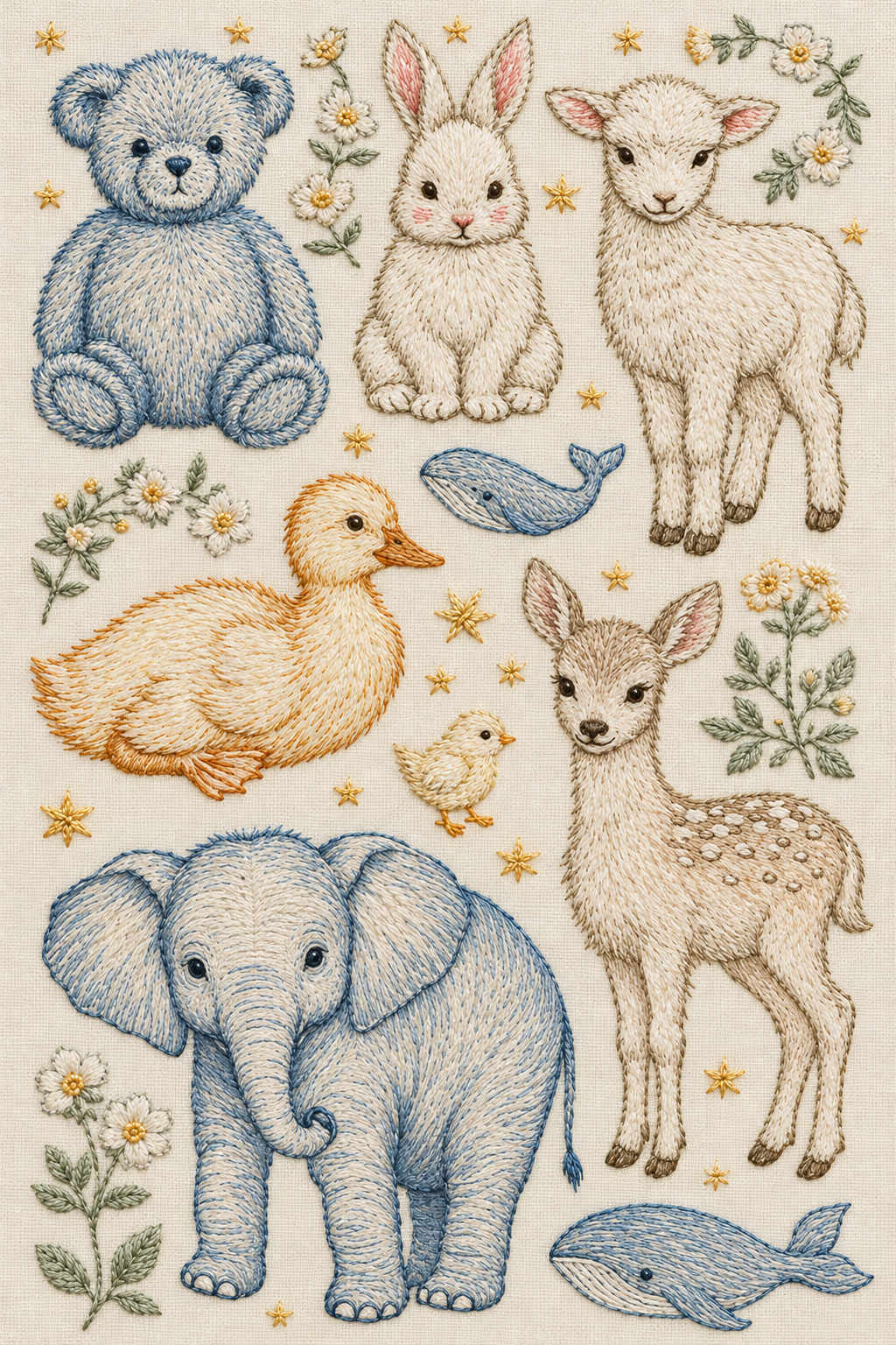 Dusty blue, ivory, taupe and ochre animal embroidery collection with teddy, rabbit, lamb, duck, chick, fawn, elephant and two whales on ivory linen. Textile visualization from Baby & Kids Embroidery Edition 3, a digital PDF design book.