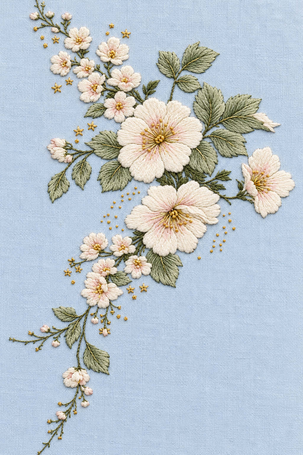 Ivory and blush floral blanket corner with sage leaves and tiny gold stars on powder blue linen. Textile visualization from Baby & Kids Embroidery Edition 3, a digital PDF design book.