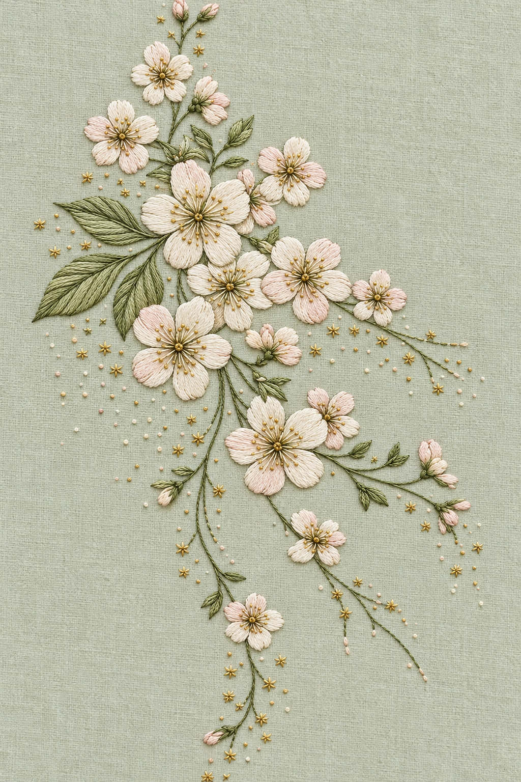 Delicate ivory and blush floral bonnet accent with trailing sage branches and small gold stars on pale sage linen. Textile visualization from Baby & Kids Embroidery Edition 3, a digital PDF design book.