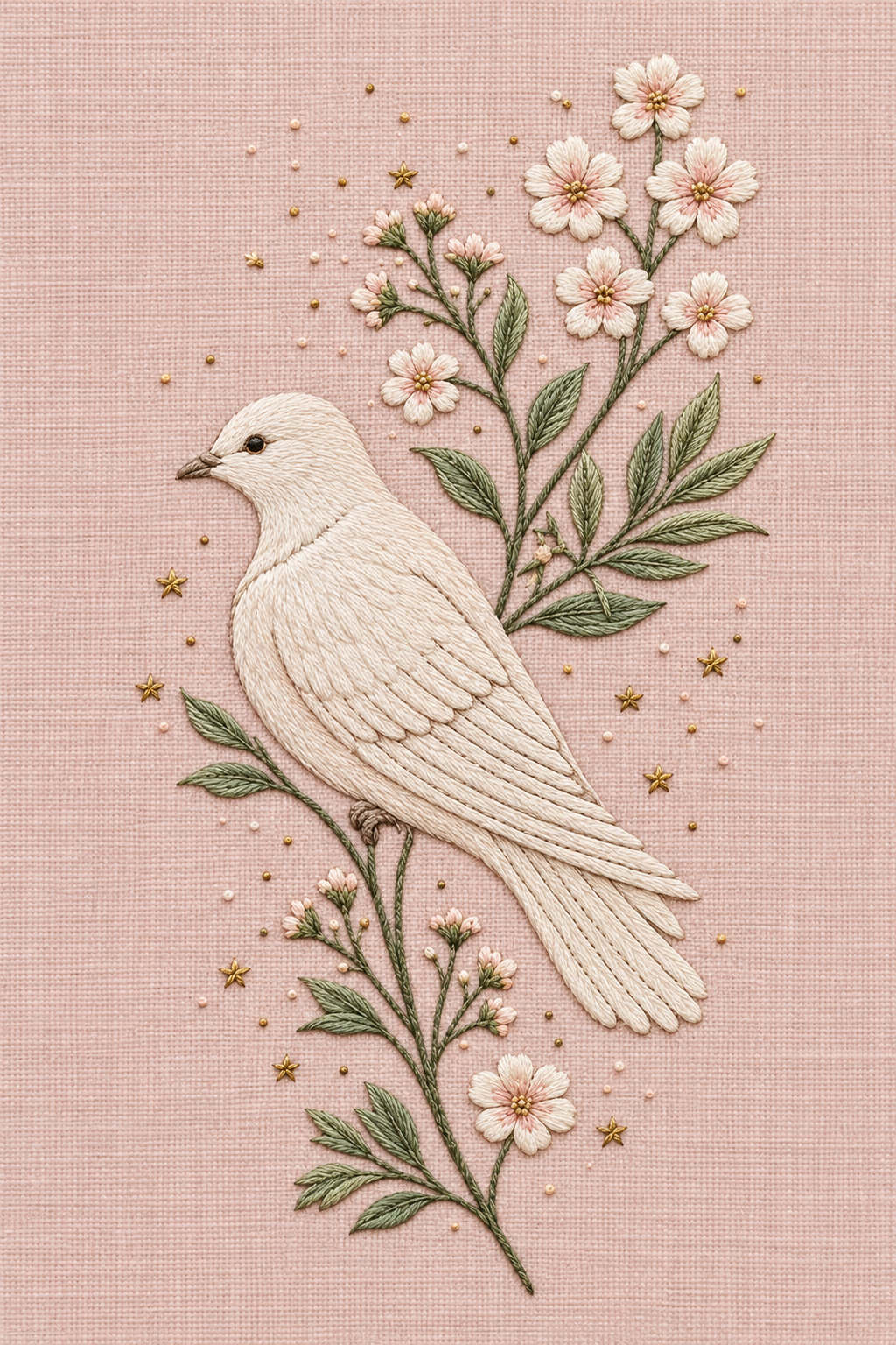 Ivory dove with folded wings perched among blush flowers, sage foliage and gold stars on pale rose linen. Textile visualization from Baby & Kids Embroidery Edition 3, a digital PDF design book.