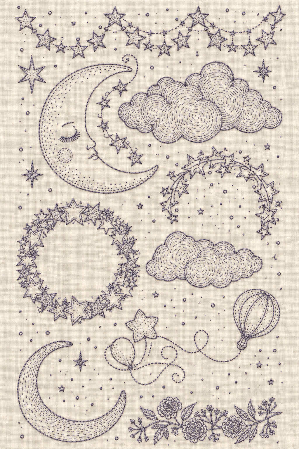 Single-colour lavender-grey celestial embroidery sampler with crescents, clouds, star garlands, wreath, balloons and floral sprig on ivory linen. Textile visualization from Baby & Kids Embroidery Edition 3, a digital PDF design book.