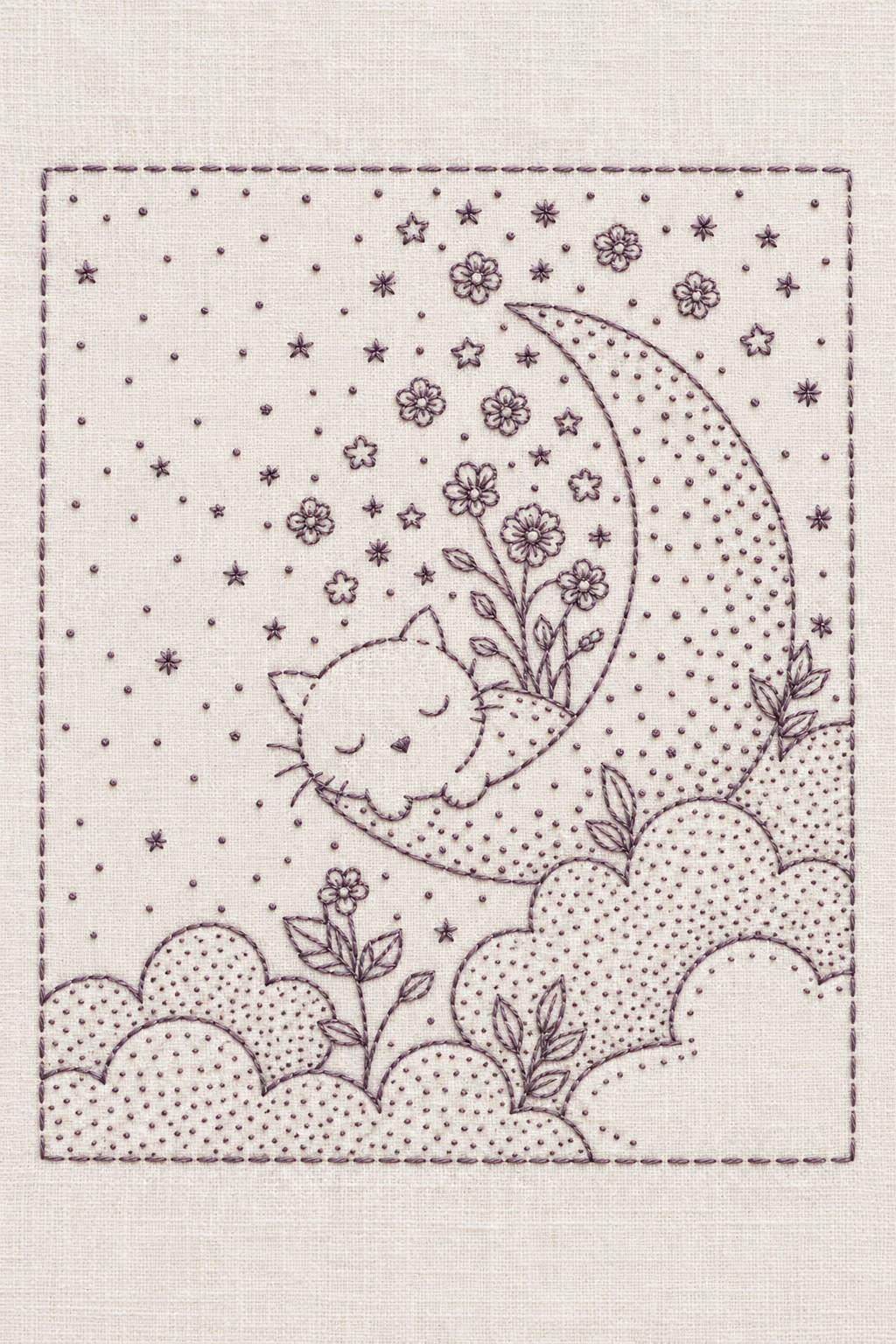 Single-colour mauve outline embroidery of a sleeping kitten resting on a crescent, surrounded by flowers, stars and cloud border on ivory linen. Textile visualization from Baby & Kids Embroidery Edition 3, a digital PDF design book.