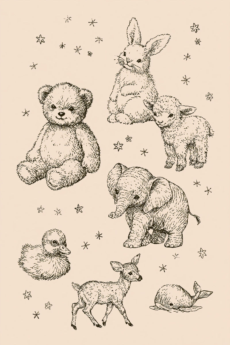 Original baby animal motif set design plate from Baby & Kids Embroidery Edition 4, a digital PDF embroidery design book.