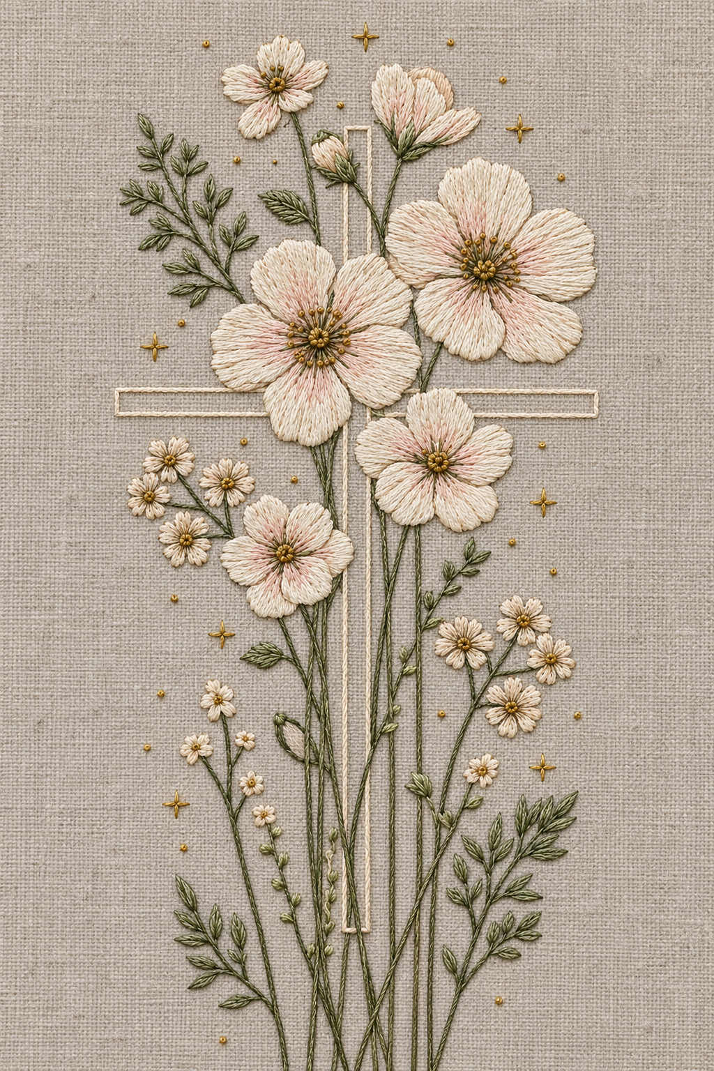 Ivory outlined cross with pale blush wildflowers, fine sage stems and small gold stars embroidered on warm stone-grey linen. Textile visualization from Baby & Kids Embroidery Edition 4, a digital PDF design book.