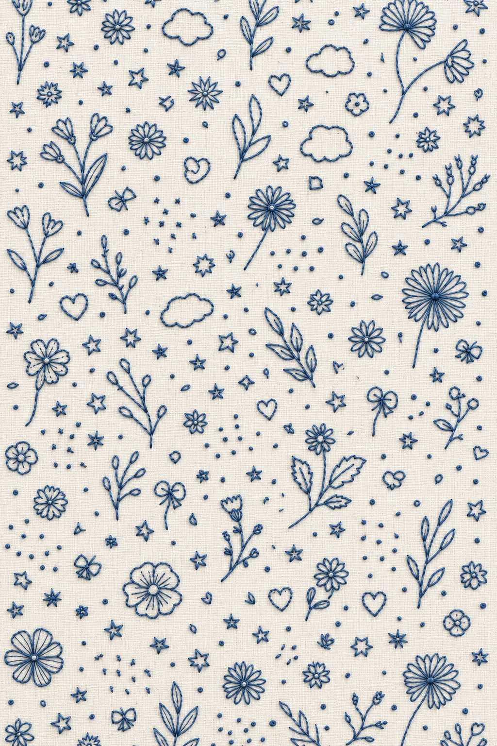 Single-colour dusty-blue outline embroidery of flowers, leafy sprigs, open clouds, hearts, bows, stars and dots on ivory linen. Textile visualization from Baby & Kids Embroidery Edition 4, a digital PDF design book.