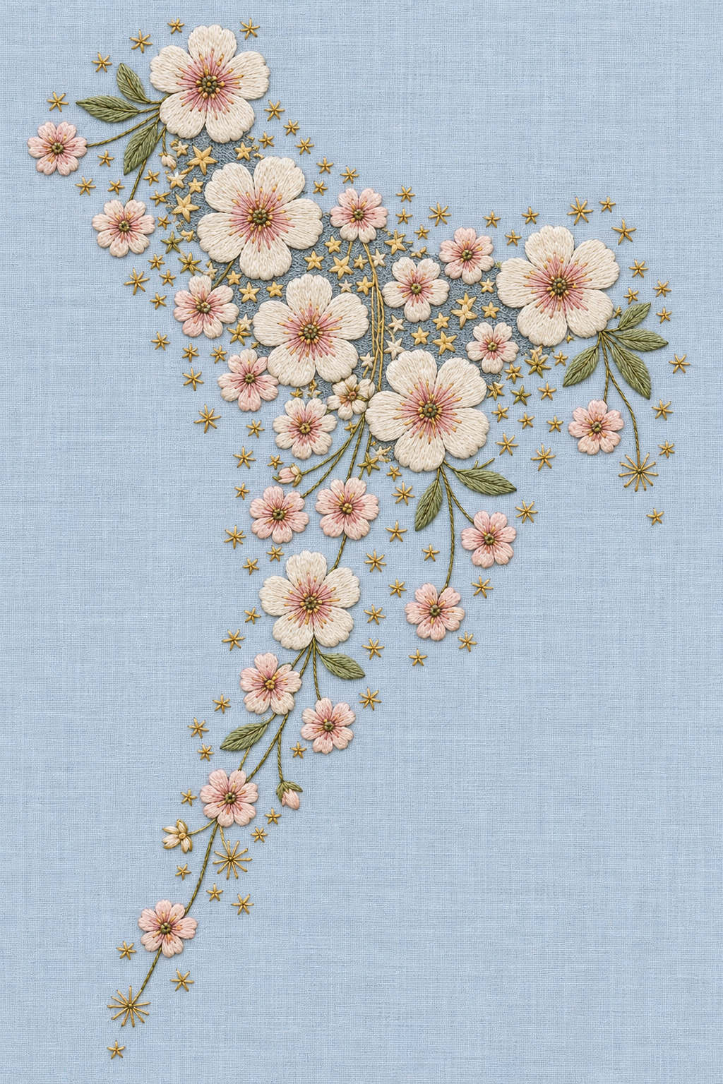 Ivory and blush floral collar accent with sage leaves and a dense cluster of tiny gold stars on powder blue linen. Textile visualization from Baby & Kids Embroidery Edition 4, a digital PDF design book.
