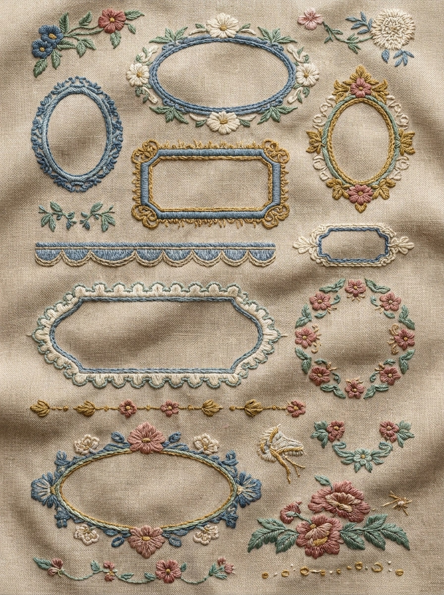 Backstitch Border Frame System Plate from Backstitch & Outline Designs Book 2, a digital embroidery design reference for machine embroidery designs, embroidery patterns and border and edge embroidery.