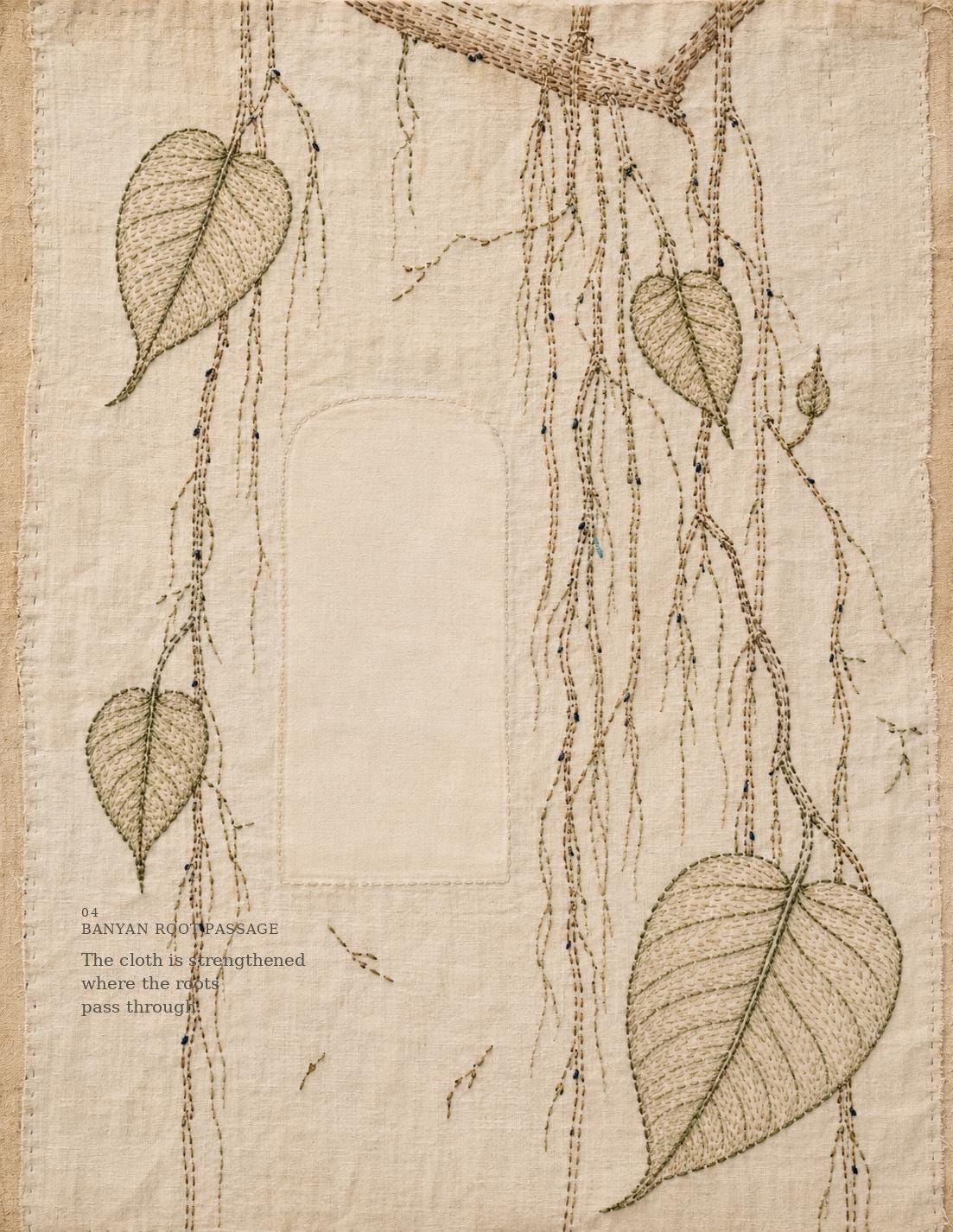 Embroidered Banyan Root Passage textile study with leaves and hanging roots