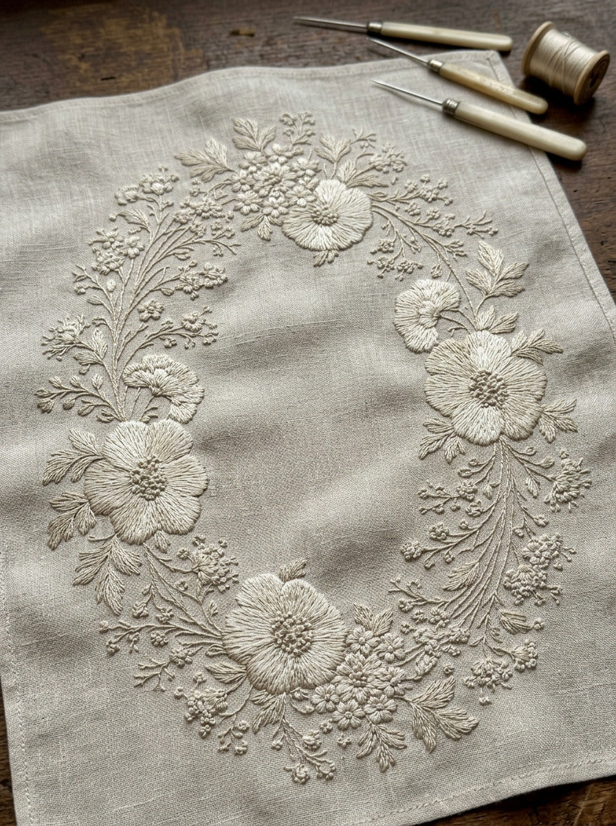Baptism Cloth Floral Frame French from French Embroidery & La Broderie Blanche Book 8, a digital embroidery design reference for machine embroidery designs, embroidery patterns and frames and monogram spaces.