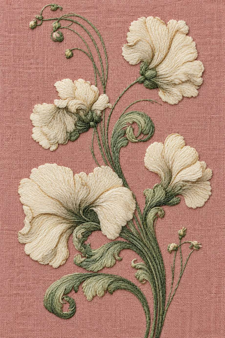 Four warm ivory folded flowers with muted sage curled stems and acanthus leaves on dusty rose linen.