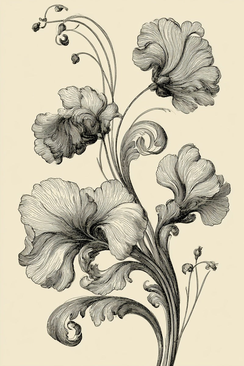 Original drawing of four folded flowers and curled stems from Baroque Scrollwork and Luxury Ornament Edition Four.