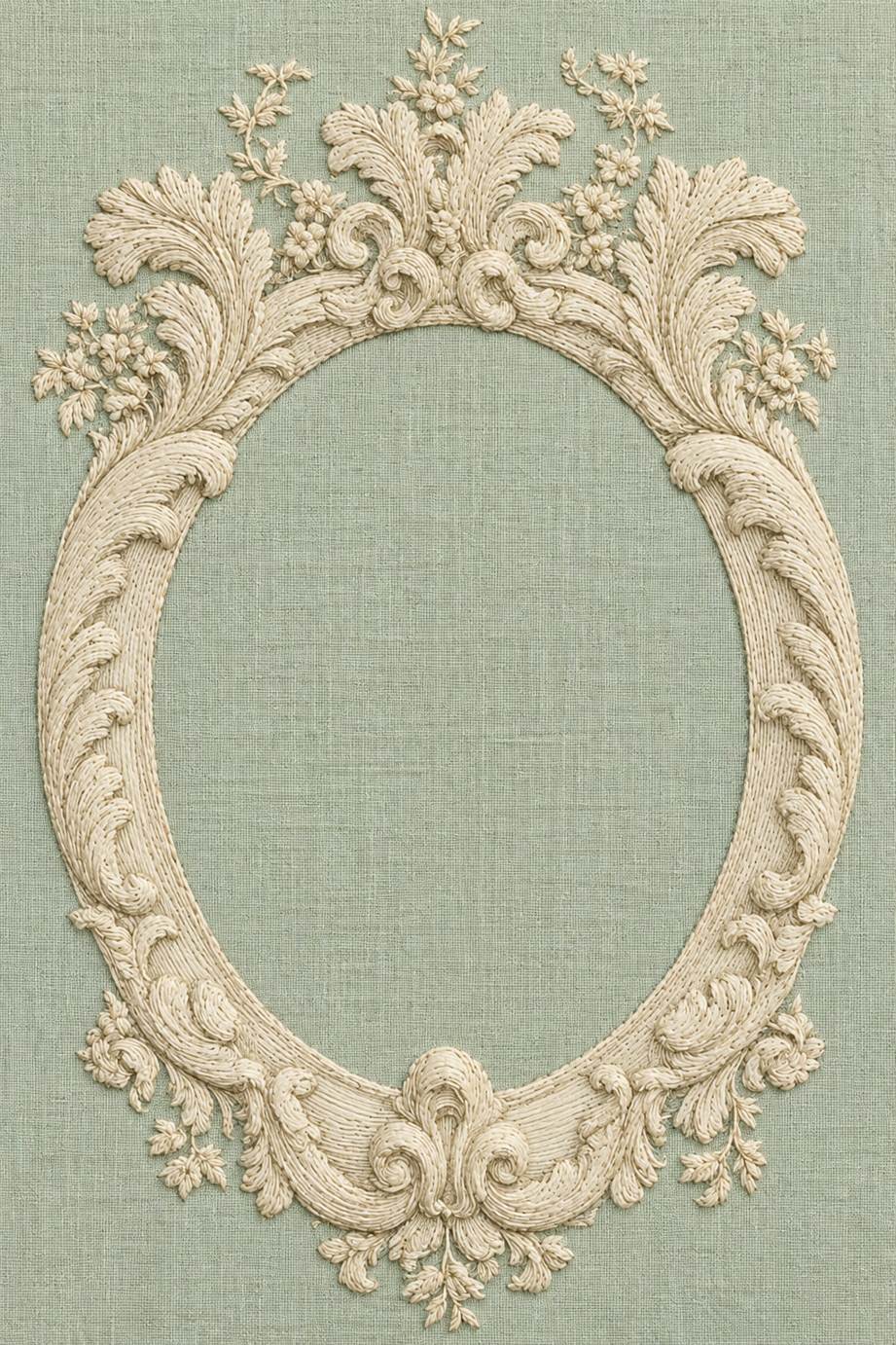 Warm ivory oval acanthus frame with floral sprays and an open center on pale celadon linen.