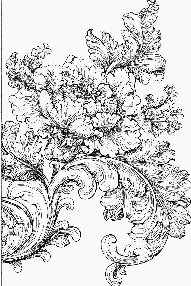Original drawing of large layered flower and acanthus edge from Baroque Scrollwork and Luxury Ornament Edition Four.