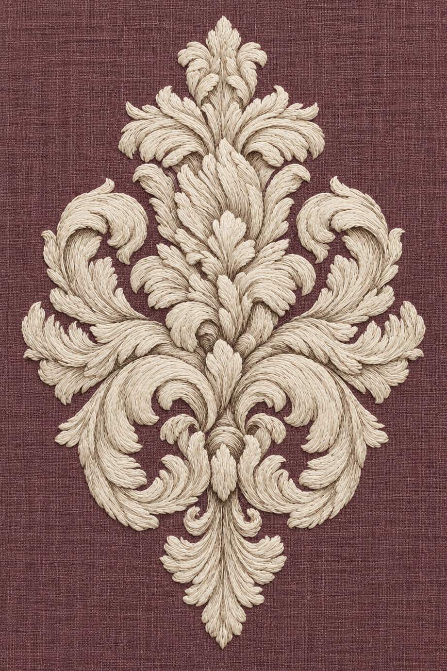 Warm ivory symmetric acanthus medallion with a tall crest and pointed lower finial on dusty plum linen.