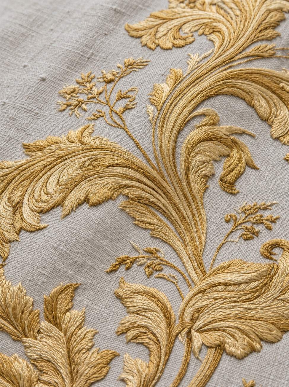 Antique-gold acanthus scrolls and delicate flowering sprigs in fine cotton on pale stone-grey linen.