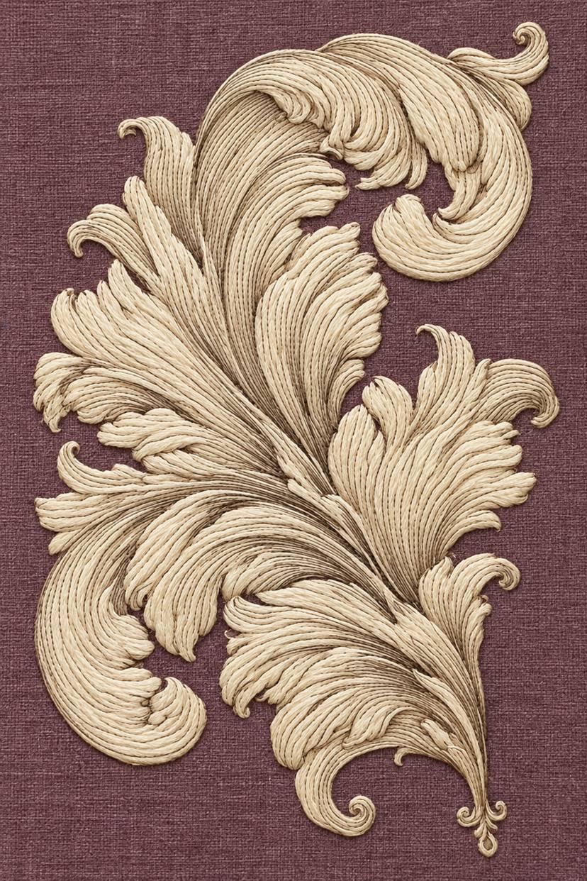 Warm ivory curled acanthus leaf with fine directional stitches on dusty plum linen.