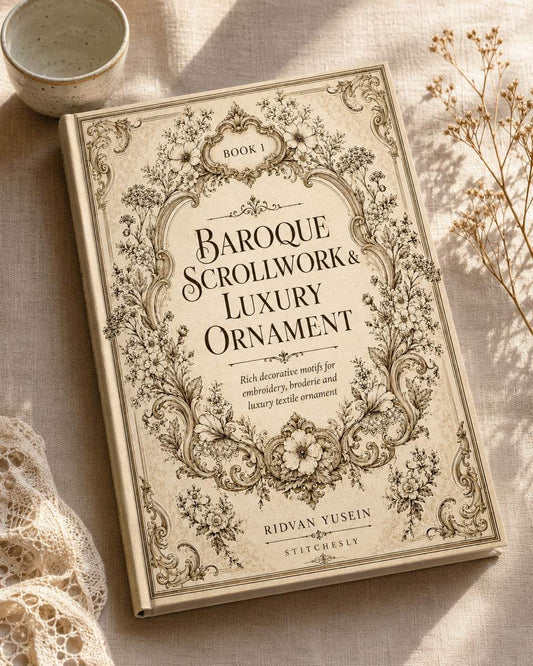 Baroque Scrollwork and Luxury Ornament Edition One digital PDF book cover, linen scene.