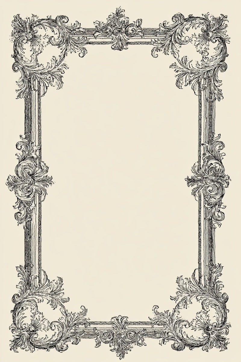 Original drawing of rectangular baroque acanthus frame from Baroque Scrollwork and Luxury Ornament Edition One.
