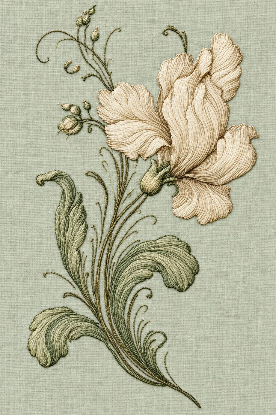 Warm ivory folded flower with fine bud shoots and muted sage acanthus leaves on pale celadon linen.