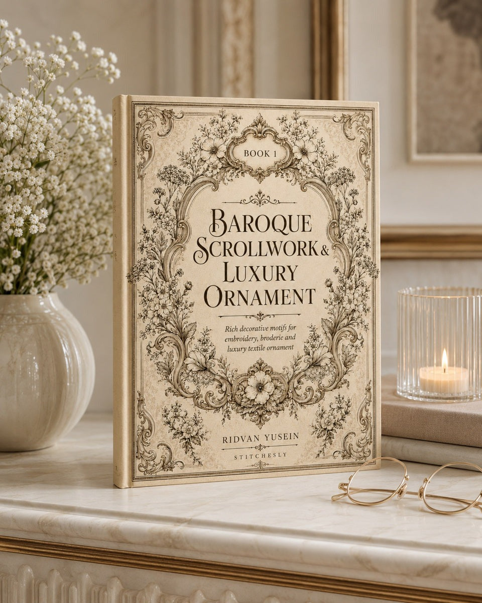 Baroque Scrollwork and Luxury Ornament Edition One digital PDF book cover, standing book.