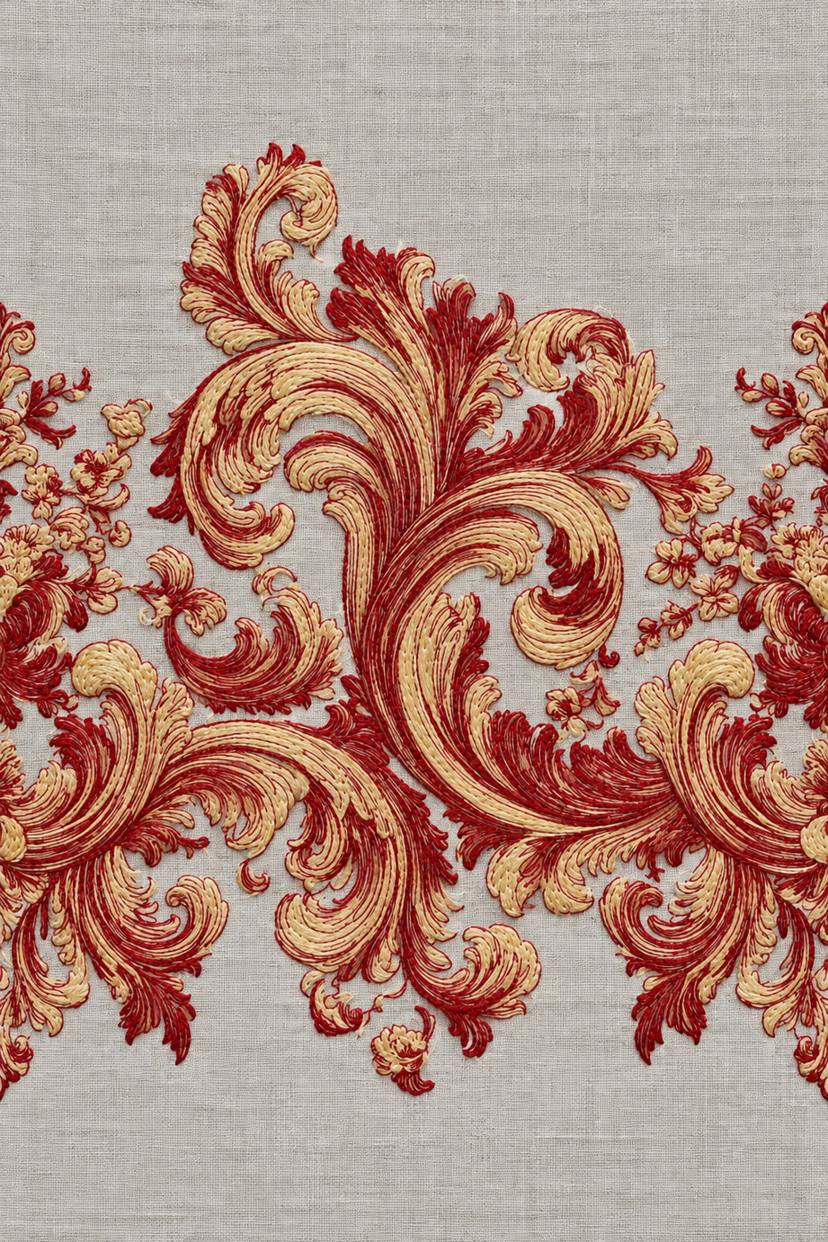 Crimson and pale golden-ivory acanthus scrolls with small floral sprays in a border panel on pale stone-grey linen.